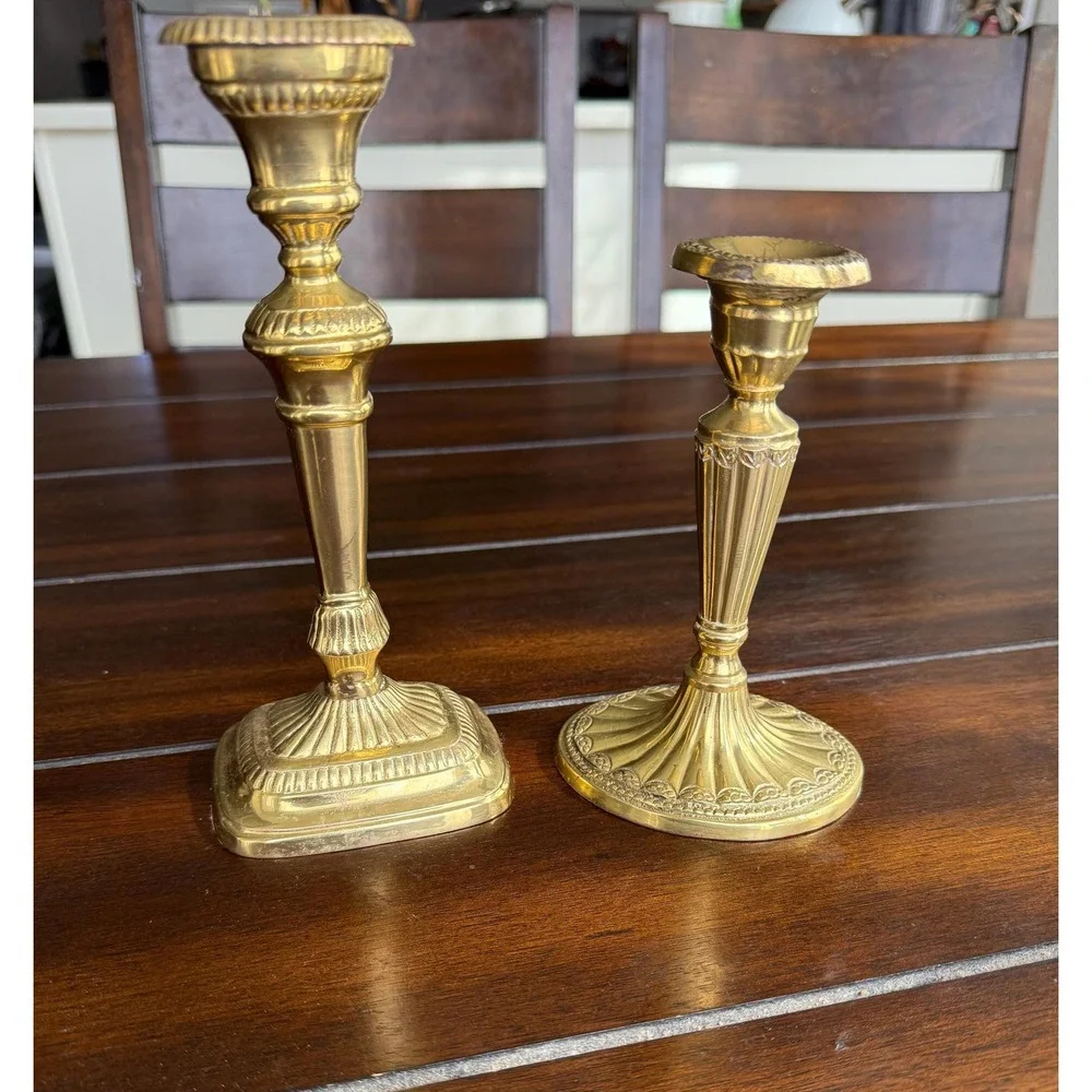Vintage Eclectic Brass Candlestick Set Louis XVI Style